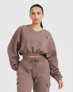 Oner Active All Day ελαφρια Oversized V-Neck Φούτερ καφε | IXR853471