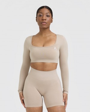 Oner Active Effortless Square Neck Crop Long Sleeve μπλουζακια ανοιχτο καφε | QTK174823