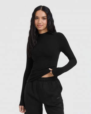 Oner Active Mellow Rib Mock Neck Long Sleeve μπλουζακια μαυρα | UDL326451