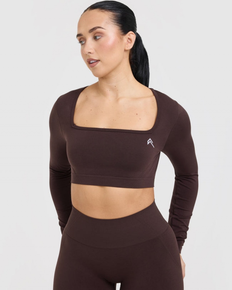 Oner Active Effortless Square Neck Crop Long Sleeve μπλουζακια μωβ καφε | RXQ186295