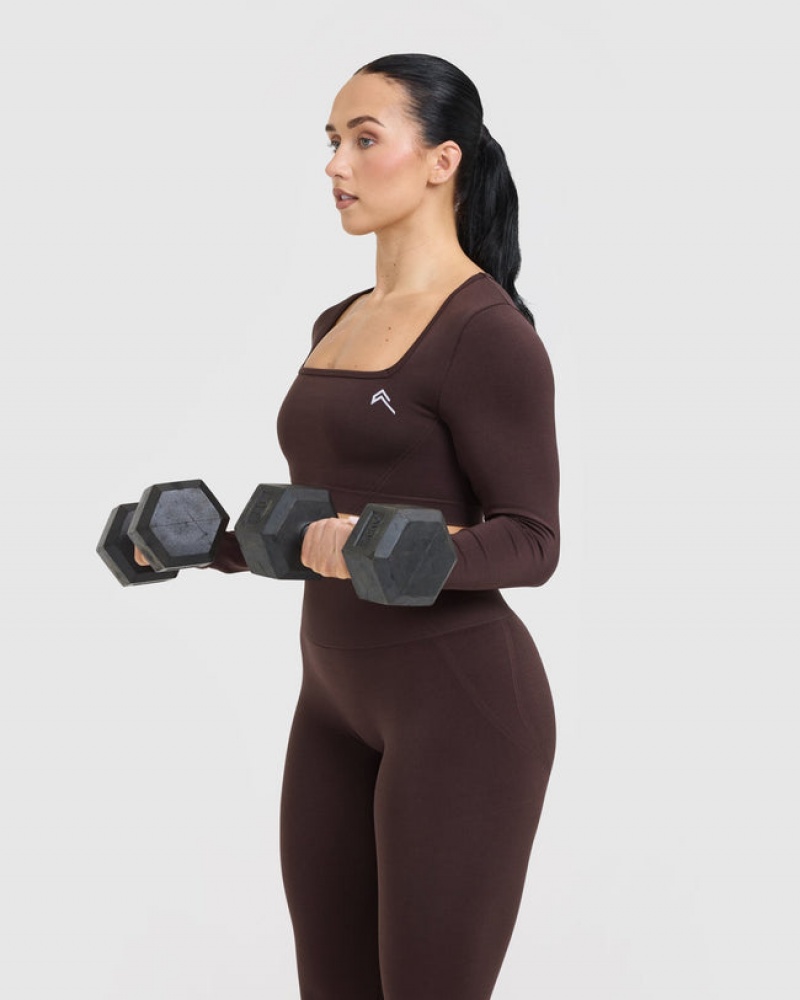 Oner Active Effortless Square Neck Crop Long Sleeve μπλουζακια μωβ καφε | RXQ186295